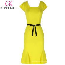 Grace Karin Ladies Cap Sleeve Square Neck Hips-Wrapped Mermaid Bodycon Women Yellow Dress With Black Belt CL010450-1